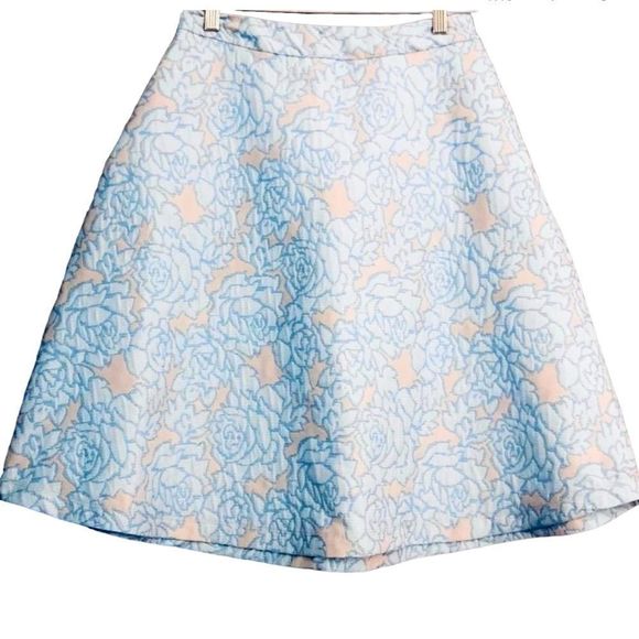 New Embroidered Retro A-Line Blue Floral Mid-Length Skater Skirt - Picture 1 of 9